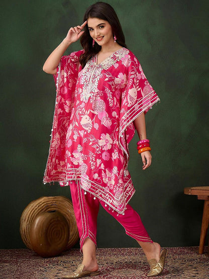 Dhiyona IS Women's Women Ethnic Motifs Print Regular Mirror Work Kaftan Kurta with Trousers