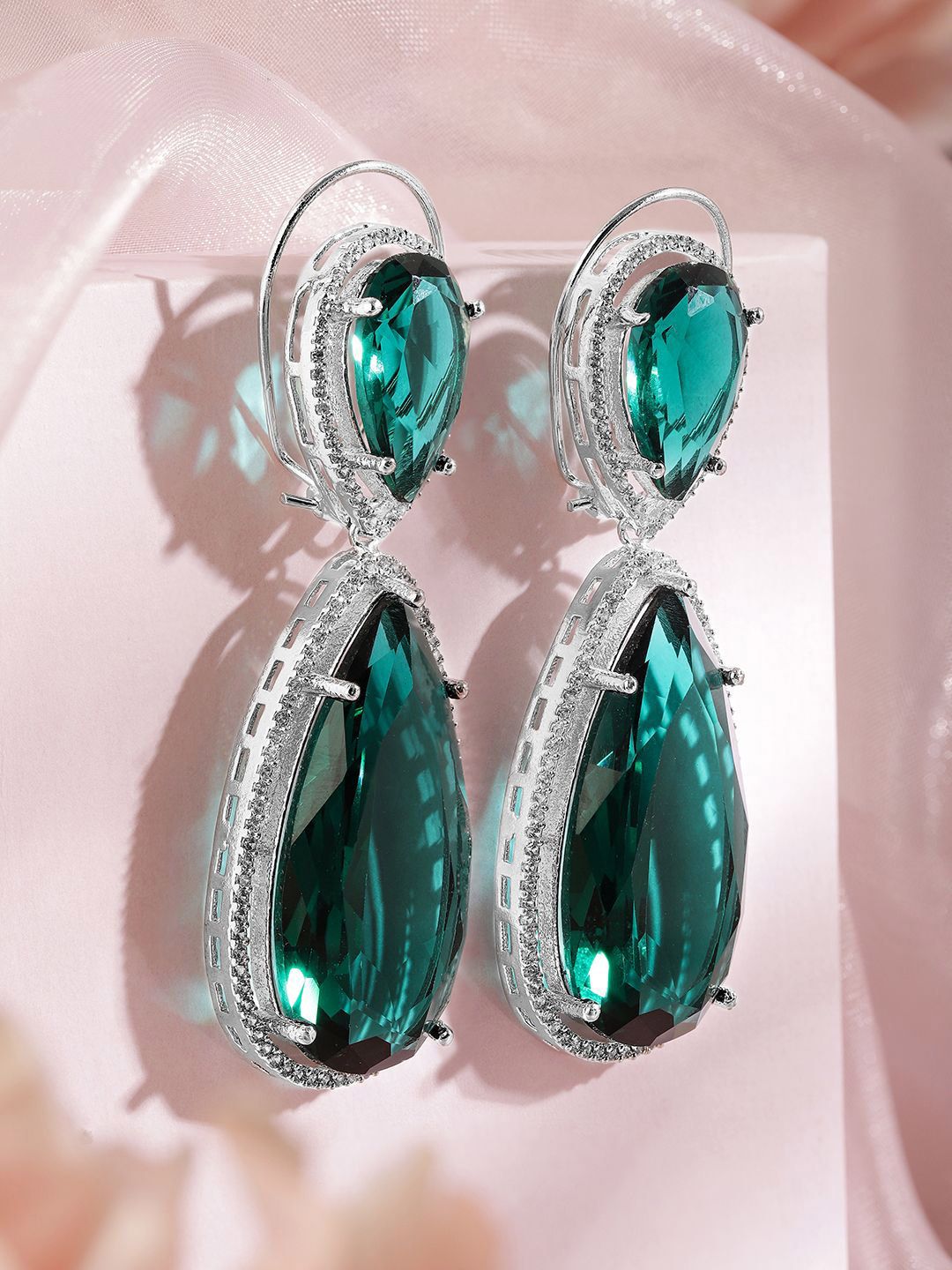 Dhiyona RJ Women's Rhodium-Plated Emerald Green & Cubic Zirconia Studded Premium Drop Earrings