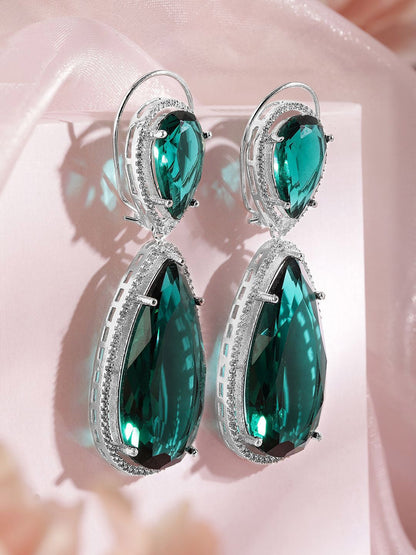 Dhiyona RJ Women's Rhodium-Plated Emerald Green & Cubic Zirconia Studded Premium Drop Earrings