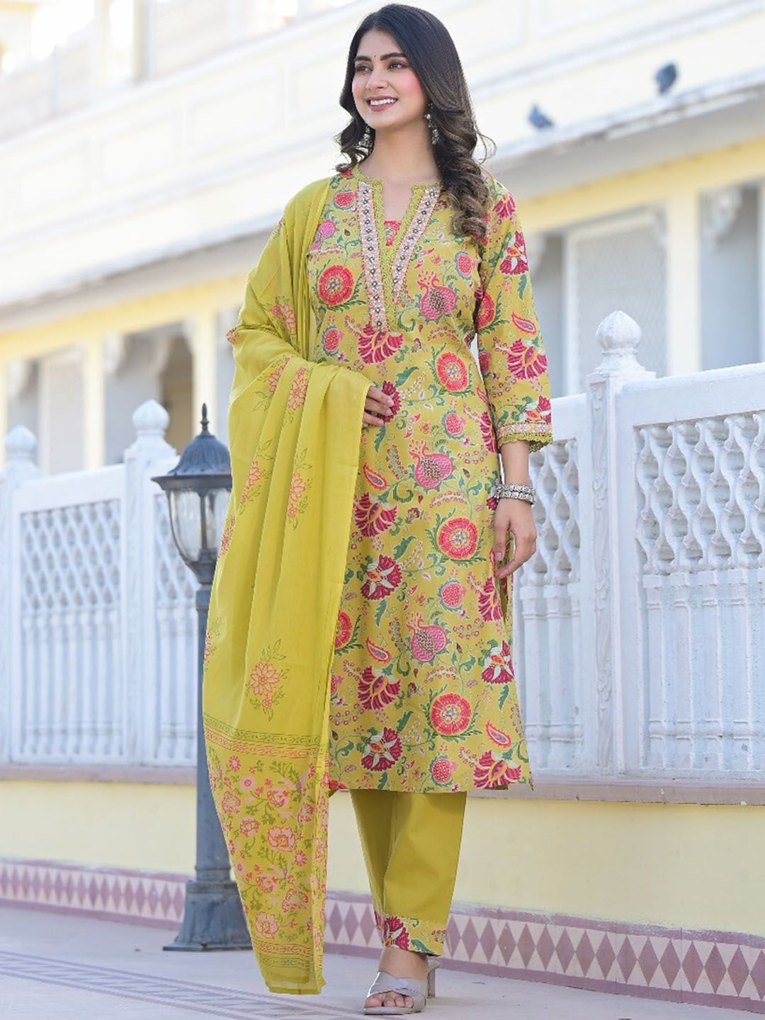 Dhiyona VA Women'sYellow Printed Mirror Work Pure Cotton Straight Kurta With Trousers & Dupatta