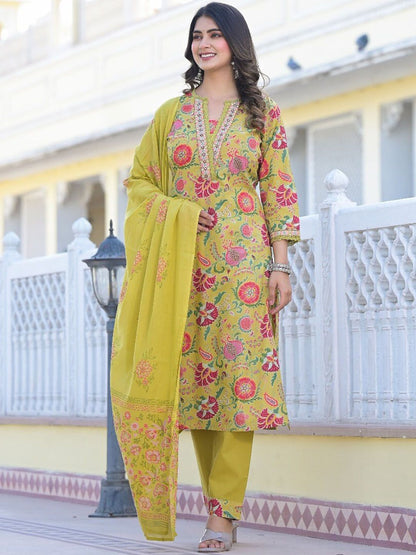 Dhiyona VA Women'sYellow Printed Mirror Work Pure Cotton Straight Kurta With Trousers & Dupatta