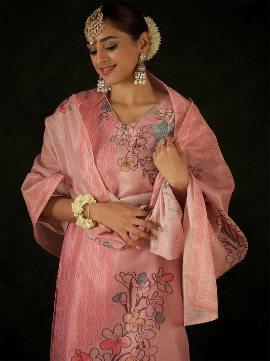 Floral Printed Round Neck Straight Kurta With Trousers & Dupatta