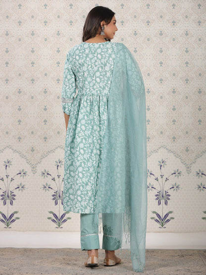 Dhiyona OD  Floral Printed Pure Cotton Kurta With Palozza & Dupatta