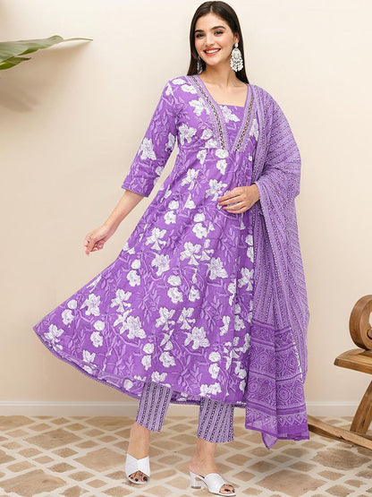 Dhiyona IS Women's Floral Printed Pure Cotton Kurta with Trousers & Dupatta