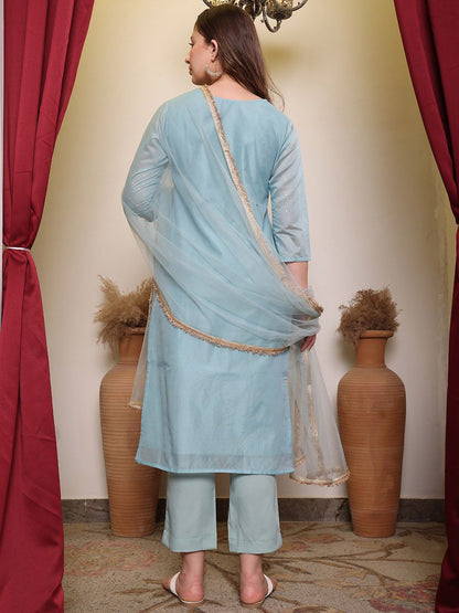 Dhiyona PD Women Woven Design Round Neck Three-Quarter Sleeves Chanderi Cotton Kurta Set