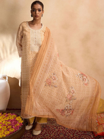 Dhiyona IE Printed Round Neck Thread Work Linen Straight Kurta With Trousers & With Dupatta