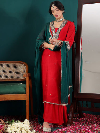 Dhiyona VA Women's Embroidered Regular Thread Work Kurta with Sharara & With Dupatta