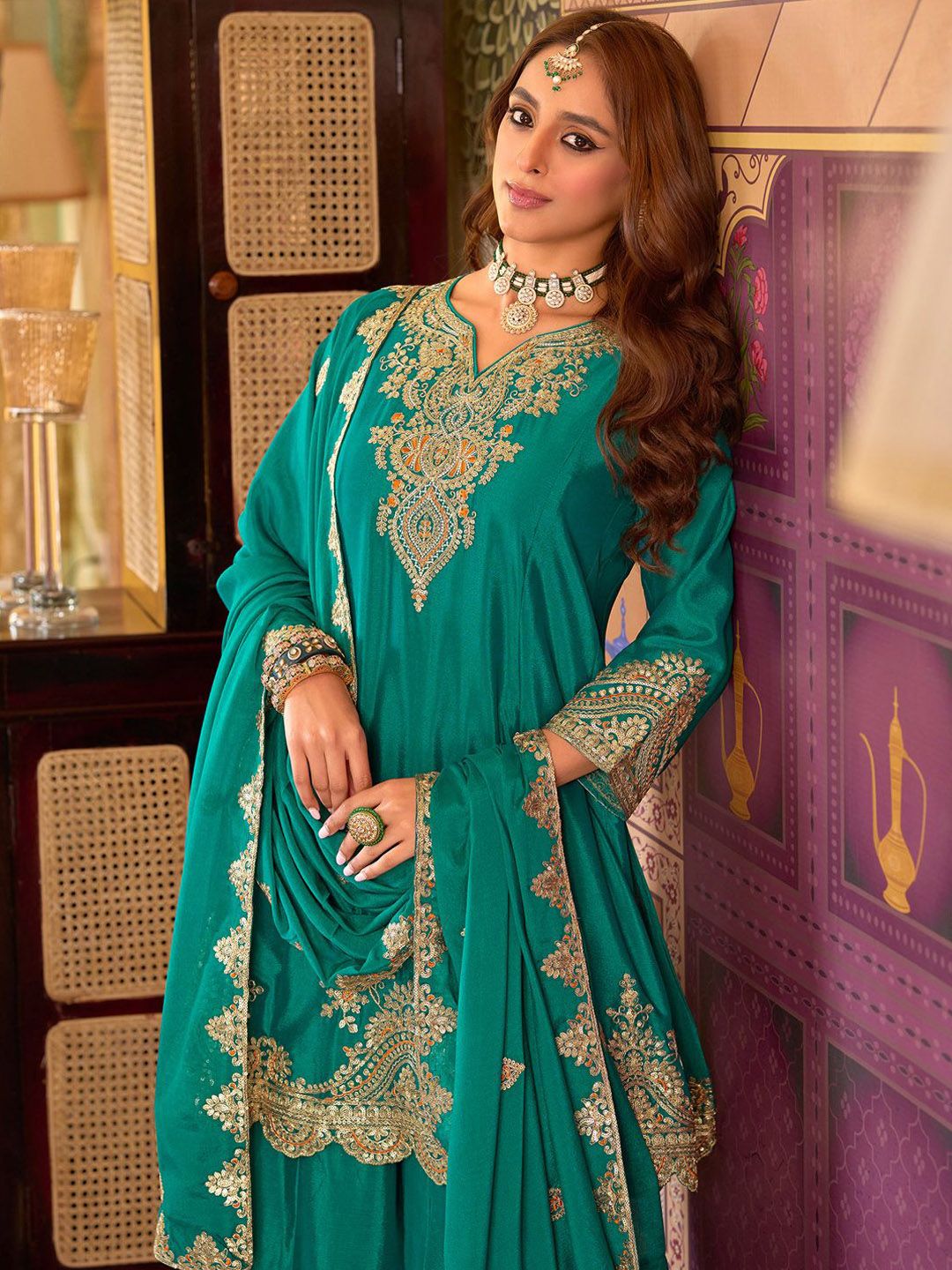 Dhiyona IE Floral Embroidered Sequinned Chinon A-Line Kurta With Palazzos & Dupatta