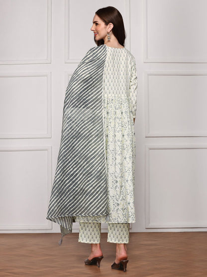 Dhiyona IS Women's Ethnic Motifs Printed V-Neck Pure Cotton Anarkali Kurta with Trousers & Dupatta