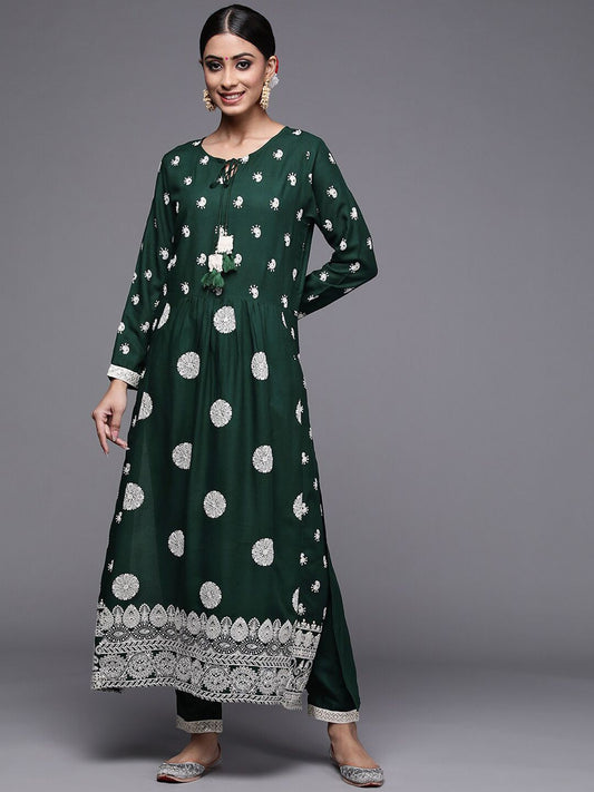 Dhiyona IE Women Green Ethnic Motifs Embroidered Kurta with Trousers