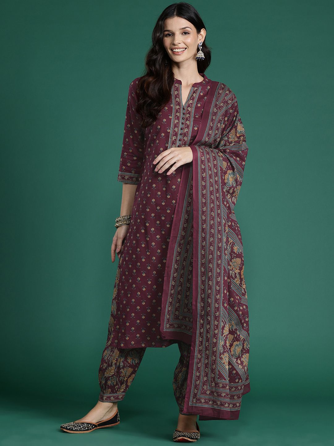 Dhiyona IE Floral Printed Pure Cotton Kurta With Salwar & Dupatta