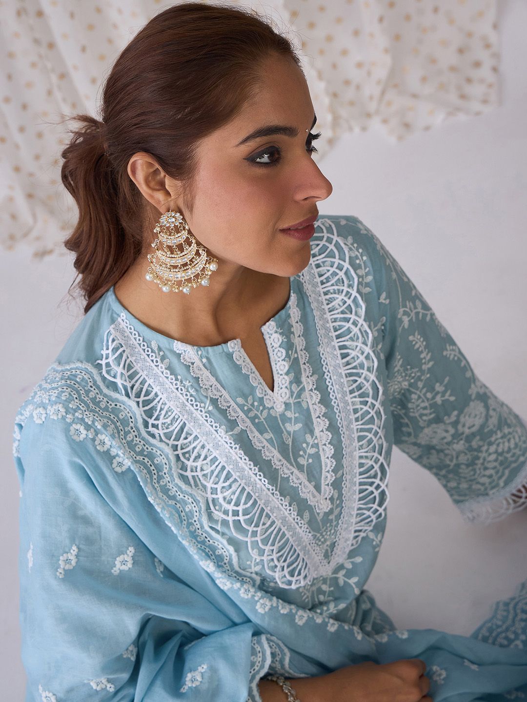 Dhiyona IE Floral Embroidered Pure Cotton Straight Kurta With Trousers & Dupatta