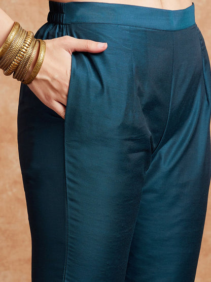 Dhiyona SN Women's Teal Blue Embroidered Zari Sequence A Line Kurta & Trousers Dupatta