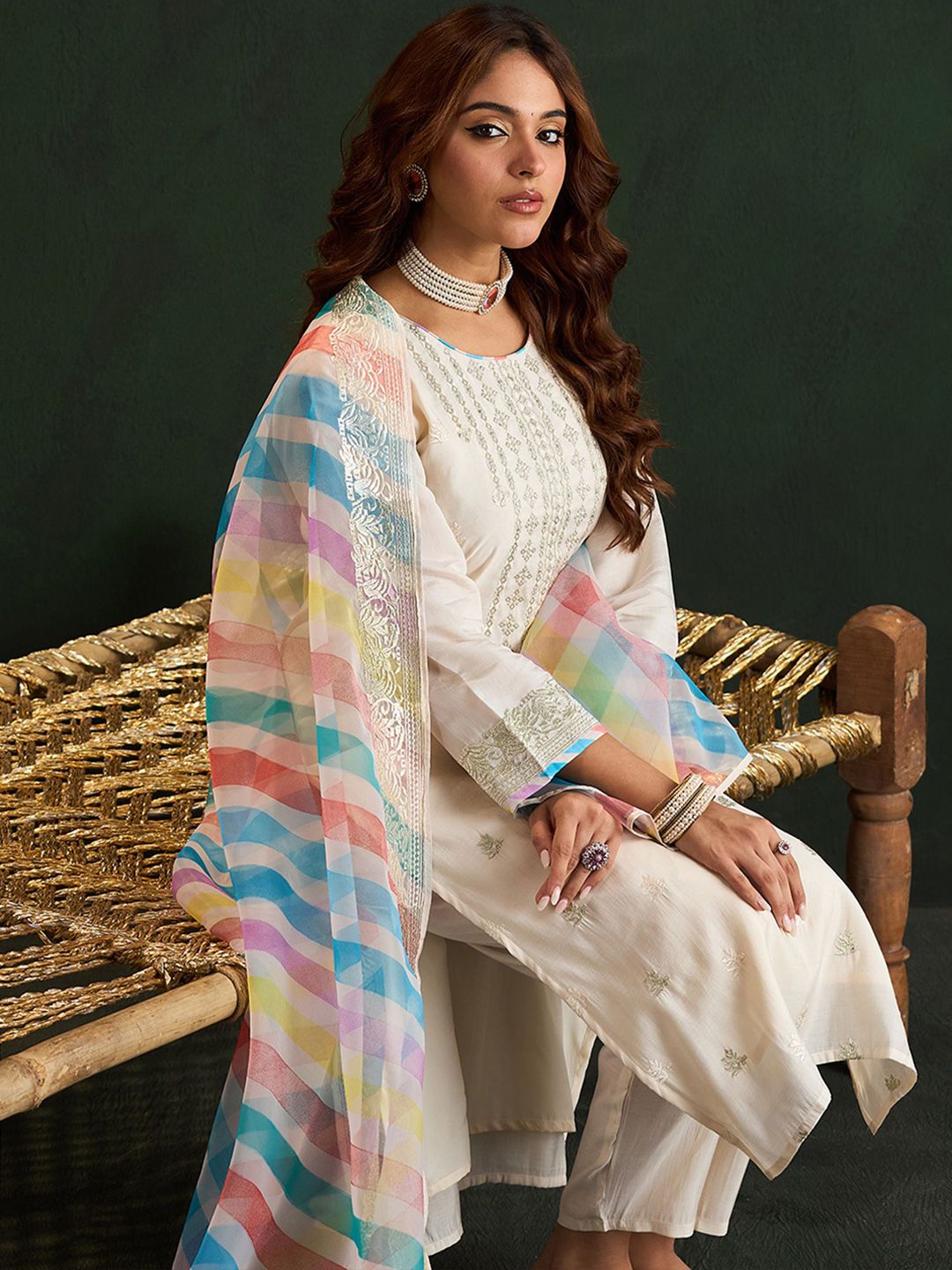 Women Ethnic Motifs Embroidered Regular Pure Cotton Kurta with Trousers & With Dupatta