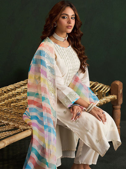 Women Ethnic Motifs Embroidered Regular Pure Cotton Kurta with Trousers & With Dupatta