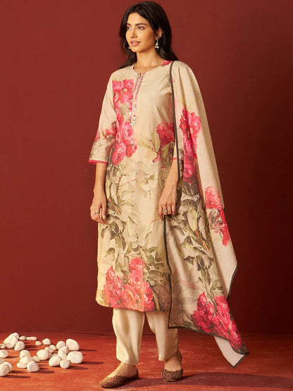 Dhiyona IE Floral Printed Notch-Neck Straight Kurta With Trousers And Dupatta