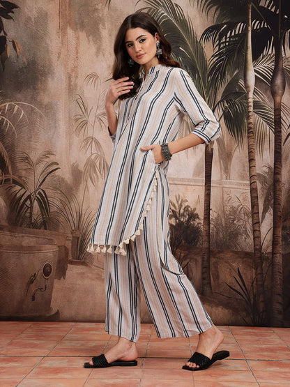 Dhiyona SN Women's Striped Pure Cotton Kurta With Palazzos & Dupatta