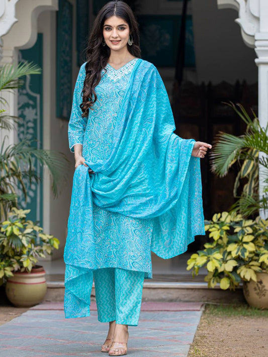 Dhiyona VA Women'sPaisley Printed Regular Mirror Work Kurta with Trouser & Dupatta