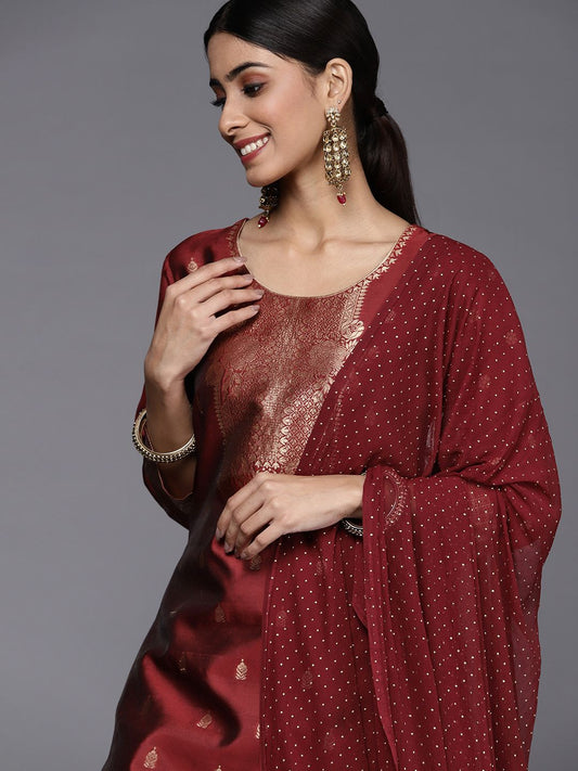 Dhiyona VA Women's Maroon Ethnic Motifs Kurta with Trousers & Dupatta