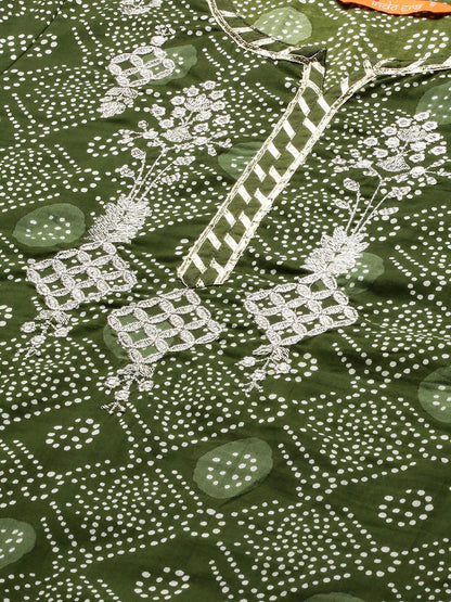 Women Green Bandhani Printed Regular Thread Work Kurta with Sharara & With Dupatta