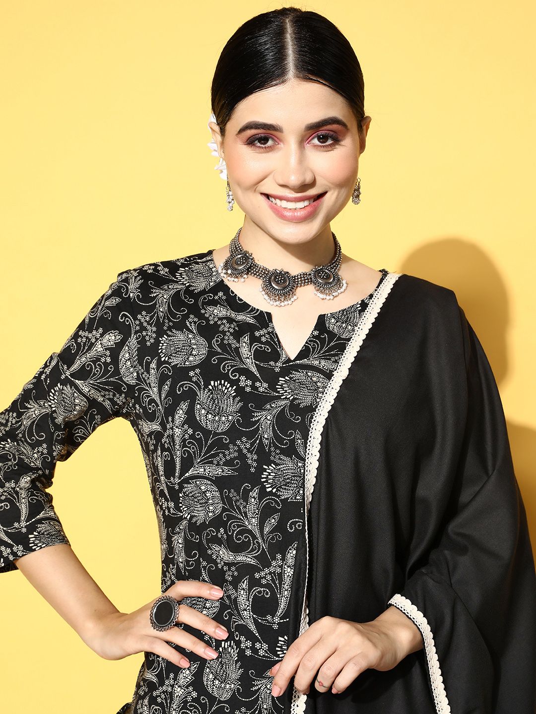 Dhiyona IE Women Black Ethnic Motifs Printed Kurta with Trousers & With Dupatta