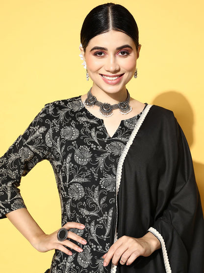 Dhiyona IE Women Black Ethnic Motifs Printed Kurta with Trousers & With Dupatta