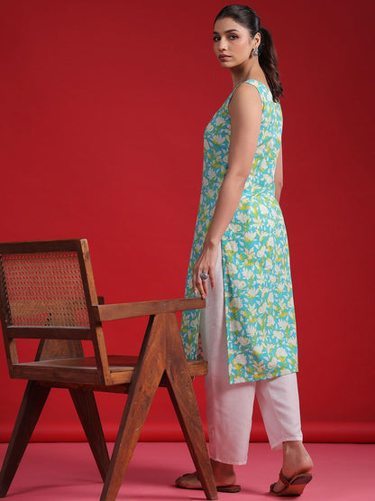 Dhiyona IE Floral Printed Sweetheart Neck Sleeveless Pure Cotton Straight Kurta