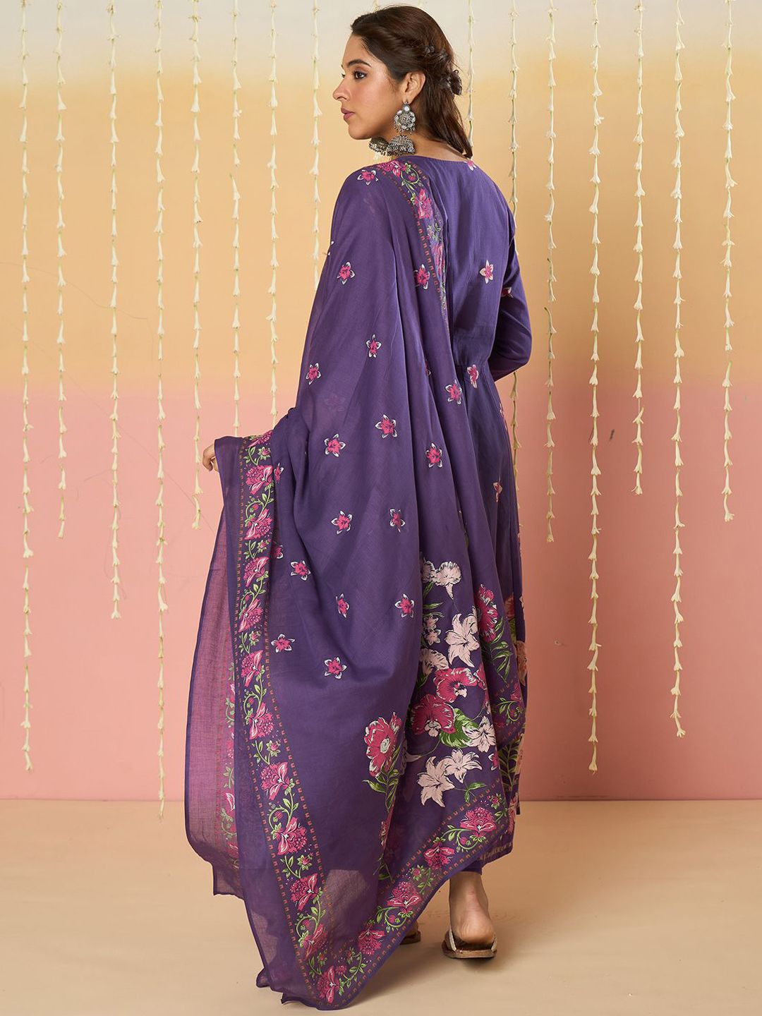 Floral Printed Round Neck Pure Cotton Anarkali With Trousers & Dupatta