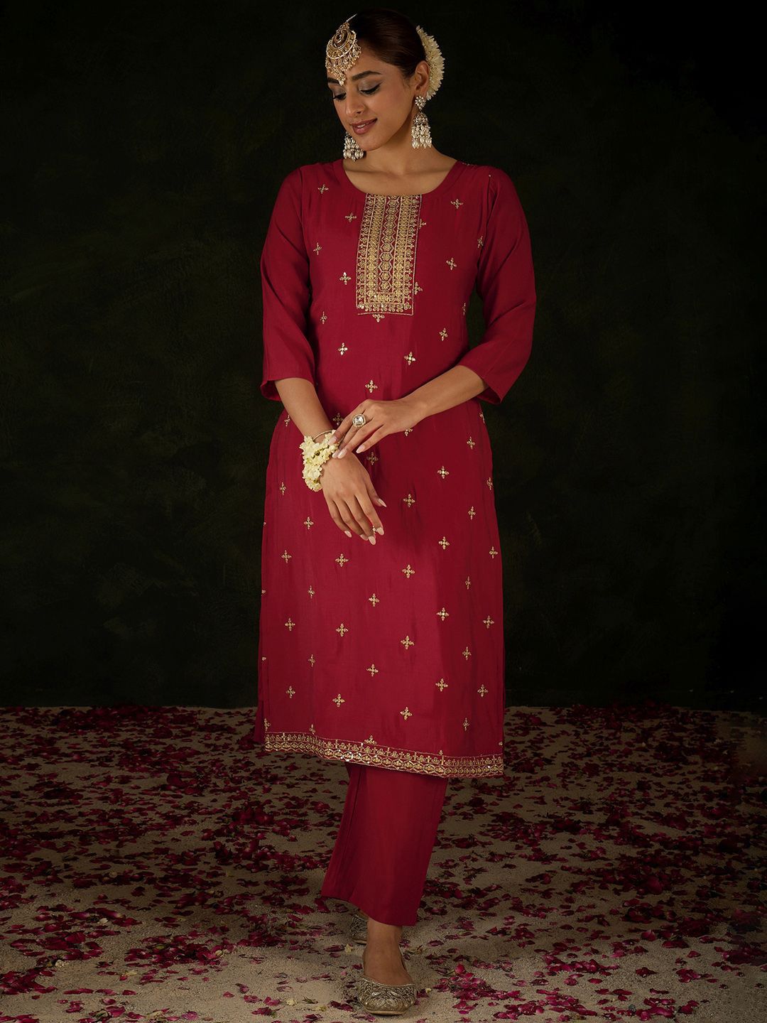 Women Ethnic Motifs Embroidered Regular Sequinned Kurta with Trousers & With Dupatta