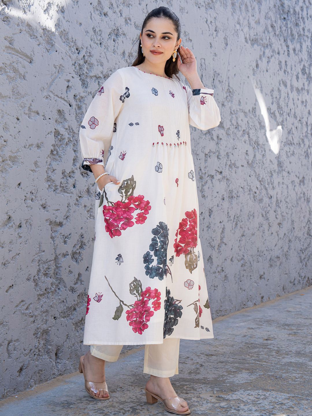 Dhiyona IE Floral Printed Pure Cotton Tunic With Trousers Co-Ords
