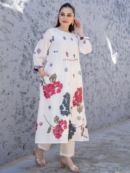 Dhiyona IE Floral Printed Pure Cotton Tunic With Trousers Co-Ords