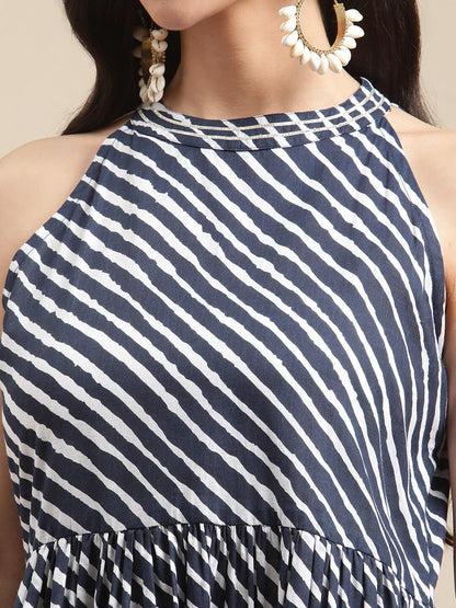Dhiyona VA Women's Navy Blue Striped Empire Sequinned Kurta with Sharara & With Dupatta