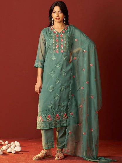 Dhiyona IE Women Floral Embroidered Kurta with Trousers & Dupatta