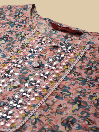 Dhiyona SN Women's Peach & Blue Floral-Printed Pure-Cotton Straight Kurta With Trouser & Dupatta