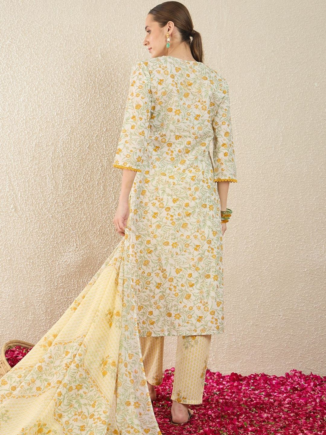 Floral Printed V-Neck Regular Pure Cotton Straight Kurta With Trousers & Dupatta