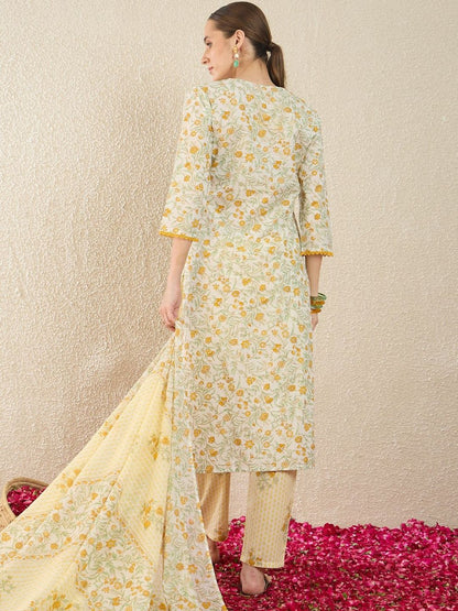Floral Printed V-Neck Regular Pure Cotton Straight Kurta With Trousers & Dupatta