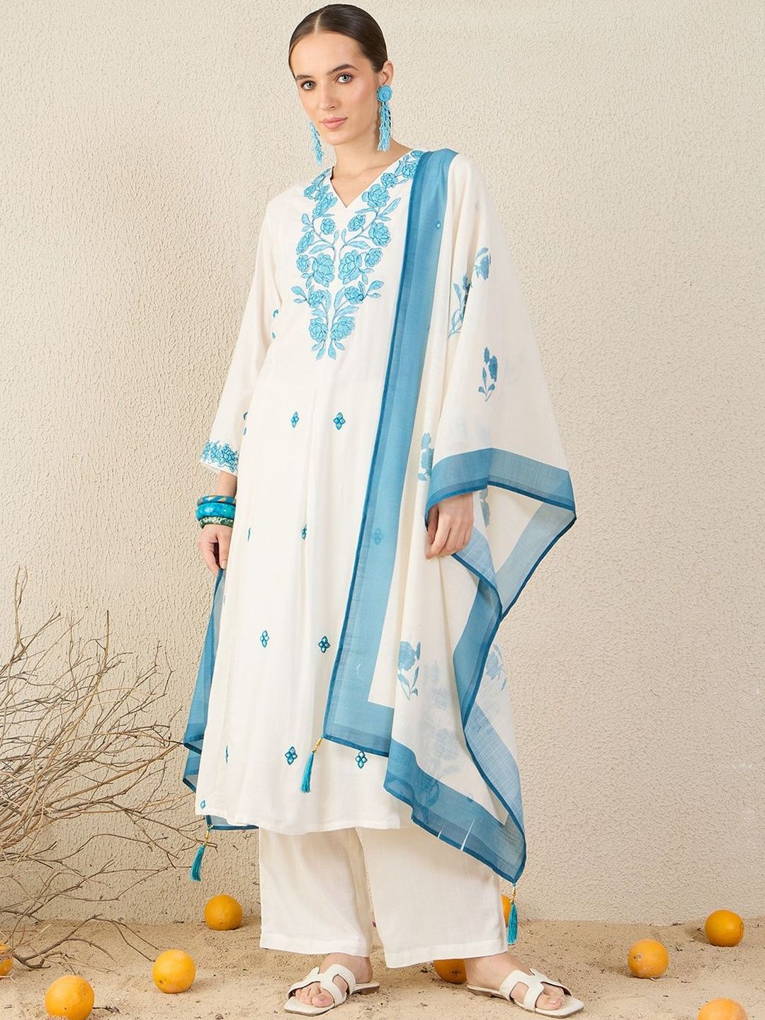 Dhiyona IE Floral Embroidered A-Line Thread Work Kurta With Trousers & Dupatta