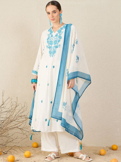 Floral Embroidered A-Line Thread Work Kurta With Trousers & Dupatta