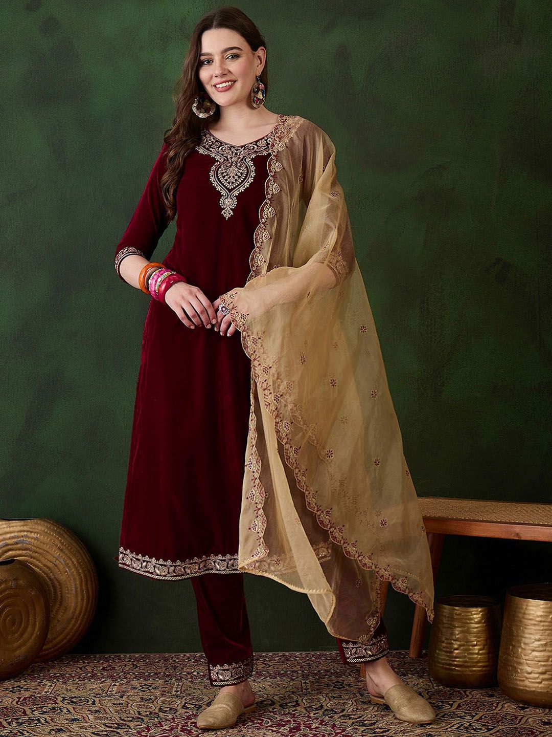 Dhiyona SN Women's Zari Sequence Embroidered Straight Velvet Kurta Trousers With Dupatta