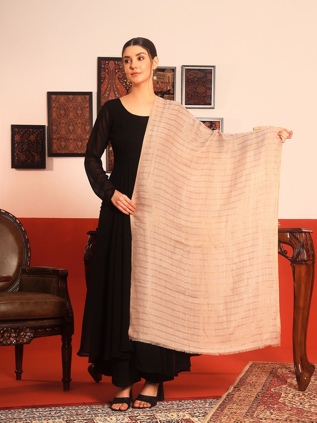 Dhiyona PA Striped Woven Design Woollen Reversible Shawl