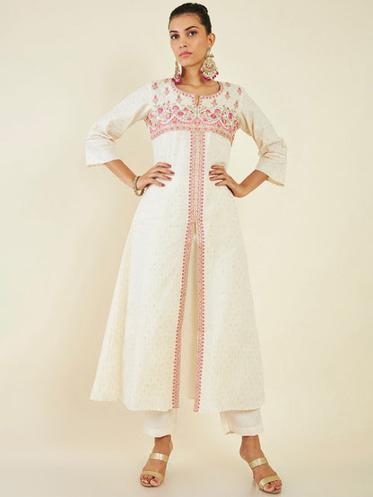Dhiyona SO Women's Alina Cut Floral Embroidered Front Slit A-Line Pure Cotton Kurta with Trousers & Dupatta