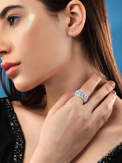 Dhiyona RJ Women's Rhodium Plated High Quality Cubic Zirconia Studded Finger Ring