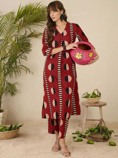 Dhiyona IE Women Printed Pleated Pure Cotton Kurta with Trousers