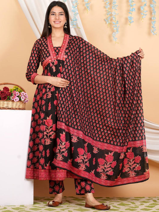 Dhiyona VA Women'sFloral Printed Empire Mirror Work Pure Cotton Kurta with Trousers & With Dupatta