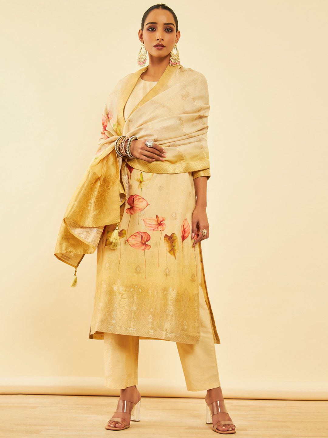 Dhiyona SO Women's Floral Printed Regular Zardozi Chanderi Silk Kurta with Trousers & Dupatta