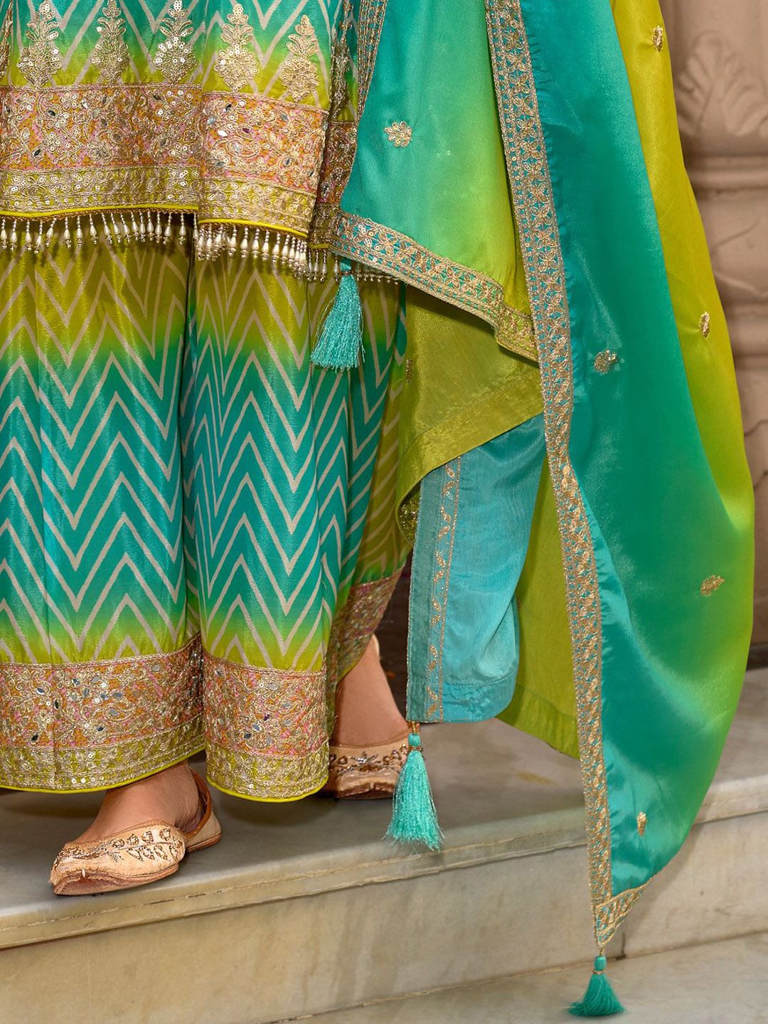 Floral Embroidered Sequinned Chinon A-line Kurta With Palazzos & Dupatta