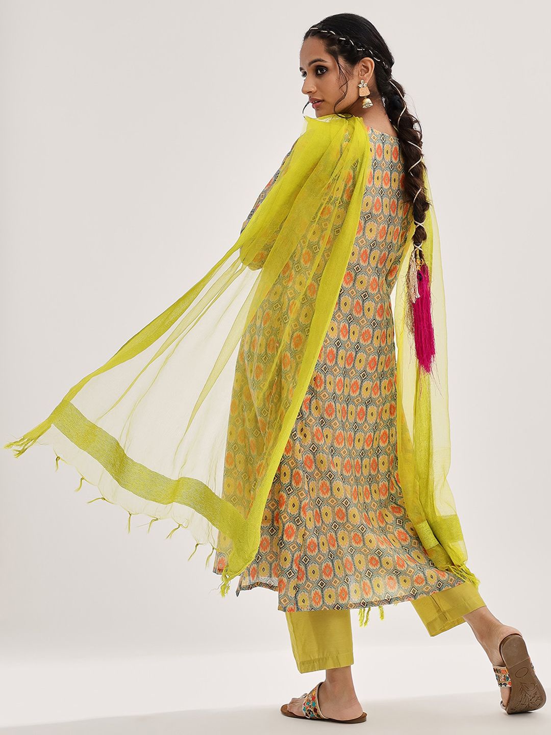 Dhiyona VA Women'sLime Green Ethnic Motifs Printed Mirror Work A-Line Kurta & Trousers With Dupatta