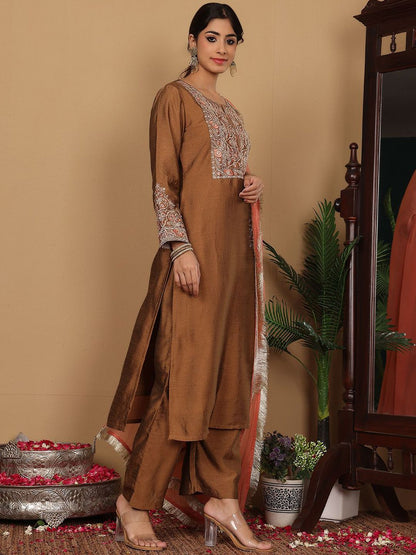 Dhiyona VA Women'sEthnic Motifs Embroidered Zari A-Line Kurta With Trousers & Dupatta