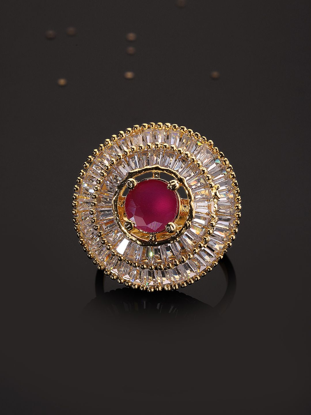 Dhiyona RJ Women's 22K Gold Plated Ruby Pink & White American Diamond Studded Adjustable Finger Ring