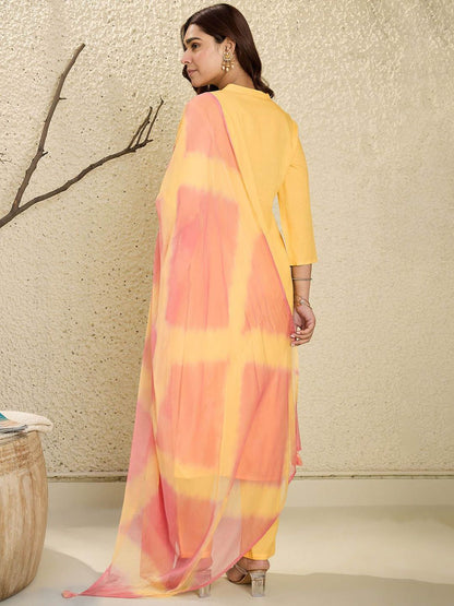 Dhiyona IE Floral Embroidered Mirror Work Pure Cotton A-Line Kurta With Trousers & Dupatta